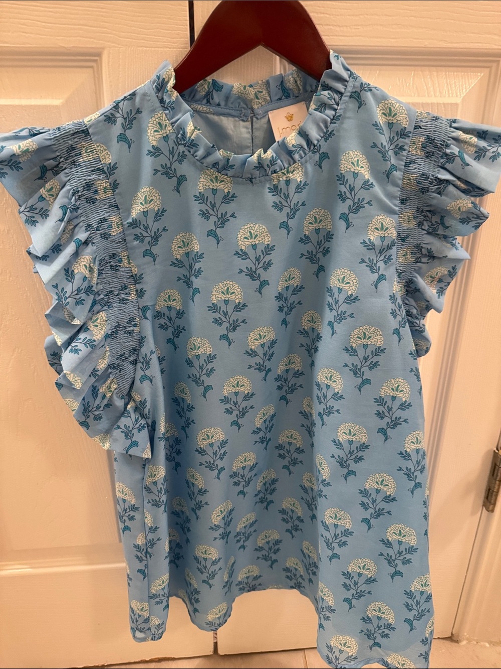 Light Blue Floral Ruffle Sleeve Blouse